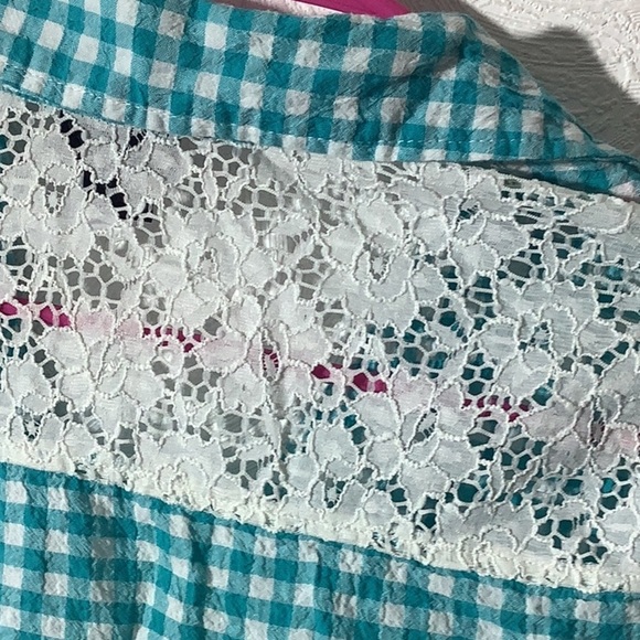 Joe Boxer - Sz L - Green blue Checkered crinkled button down w/ white lace back - Picture 7 of 7